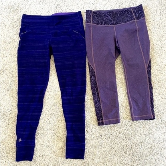 Lot of 2 Womens Athleta Size Small Printed Leggings Purple Crop Long Workout EUC - Picture 2 of 9